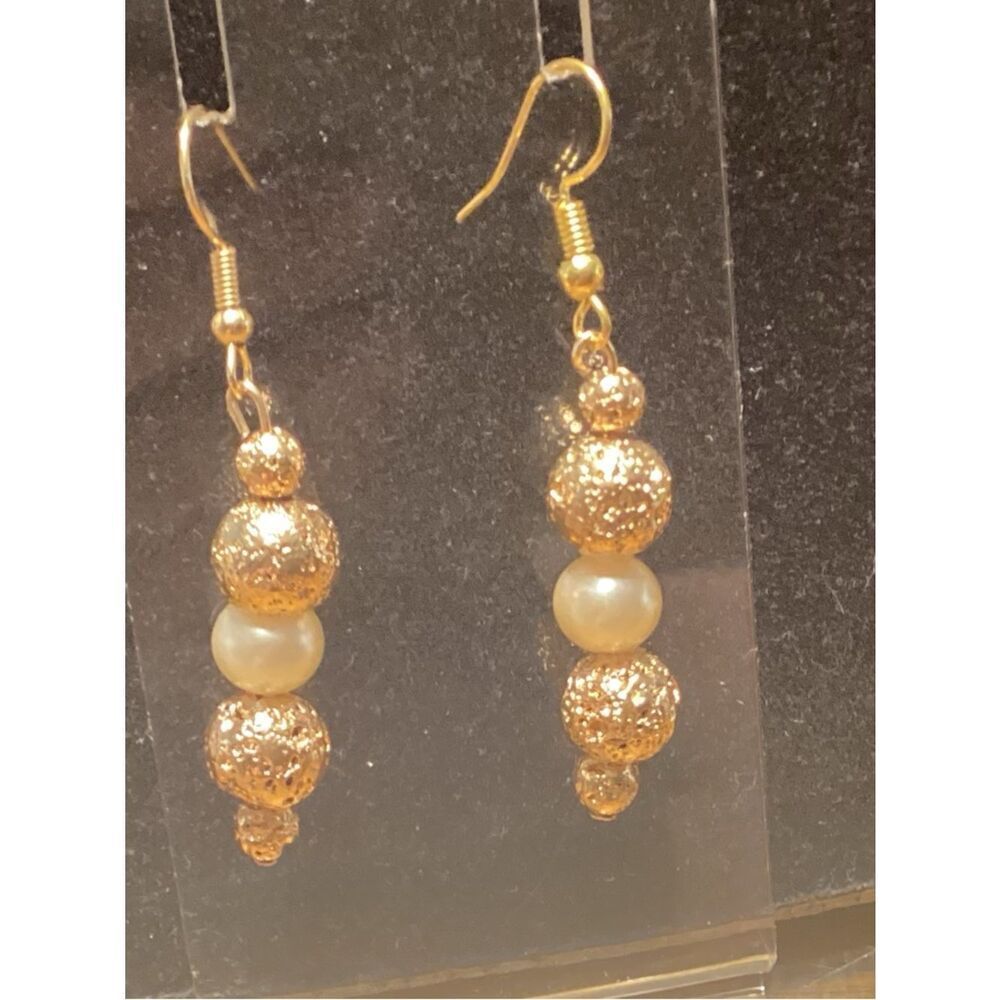 Goldtone and White Faux Pearls Fishhook Earrings